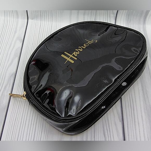 Harrods Glossy Black Patent Makeup Cosmetic Bag Case Gold Logo - Picture 3 of 14